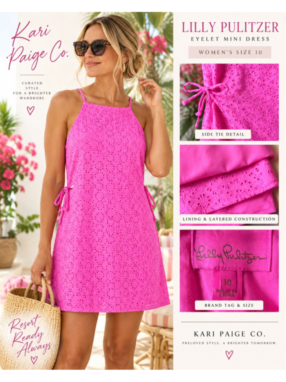 Lilly Pulitzer Pink Eyelet Romper Size 10 Side Tie Skirted Resort Style